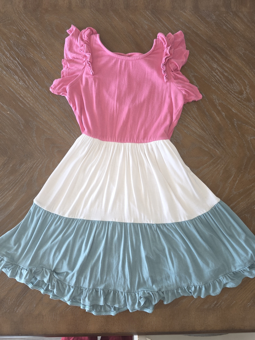 Girls Pink, White & Blue Tiered Ruffle Dress